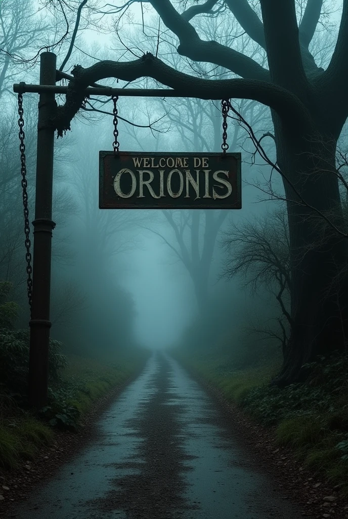 Create a road with a welcome sign to a town called Orionis in Portuguese with a horror atmosphere.