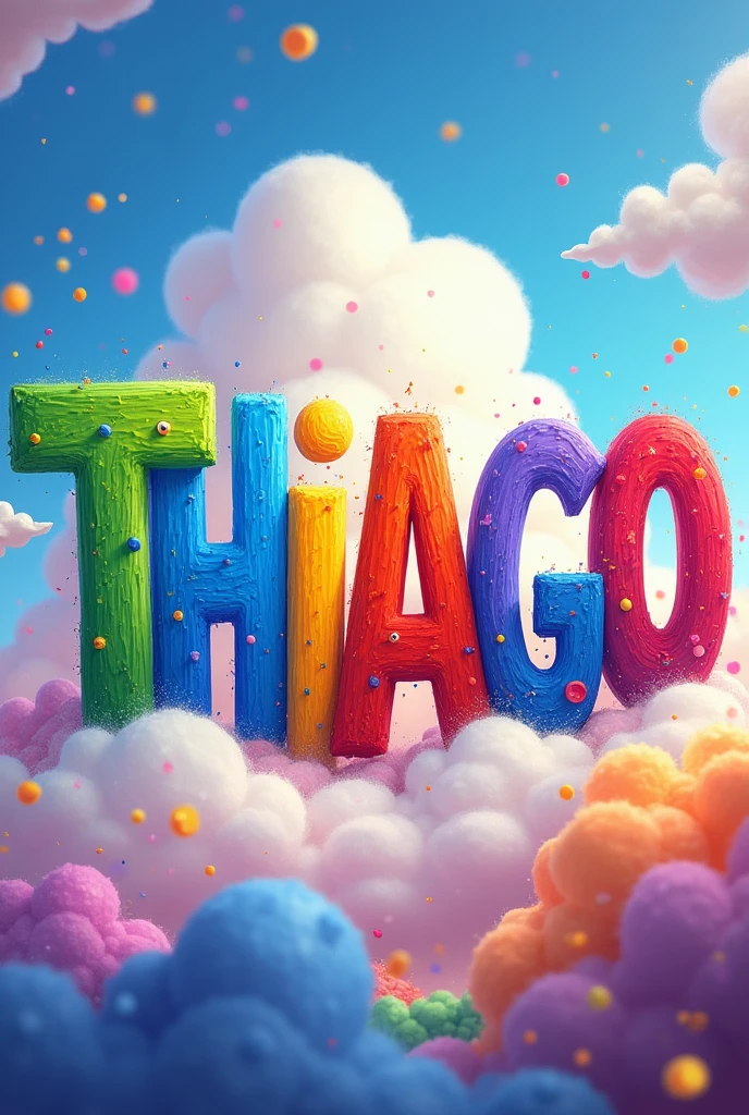 only the name Thiago with the colors of the emotions from the movie Inside Out 

