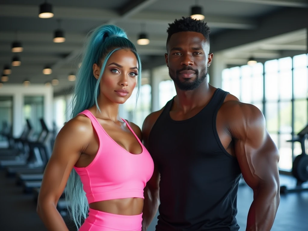 beautiful biracial latina woman, long ponytail light blue hair, light blue eye with large breasts pink sportwear large round with a handsome african man in a black short strong and muscle in a gym center, full body detailled