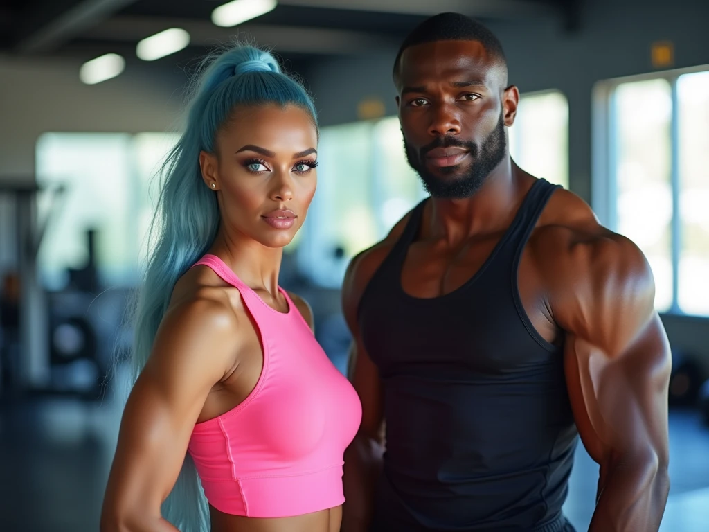 beautiful biracial latina woman, long ponytail light blue hair, light blue eye with large breasts pink sportwear large round with a handsome african man in a black short strong and muscle in a gym center, full body detailled