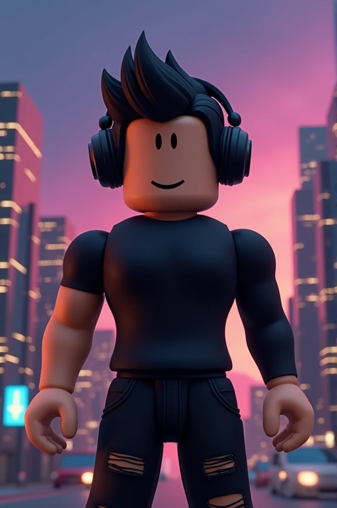 A Roblox character with black headphones, black hair, beige skin, black clothing, and ripped black pants.