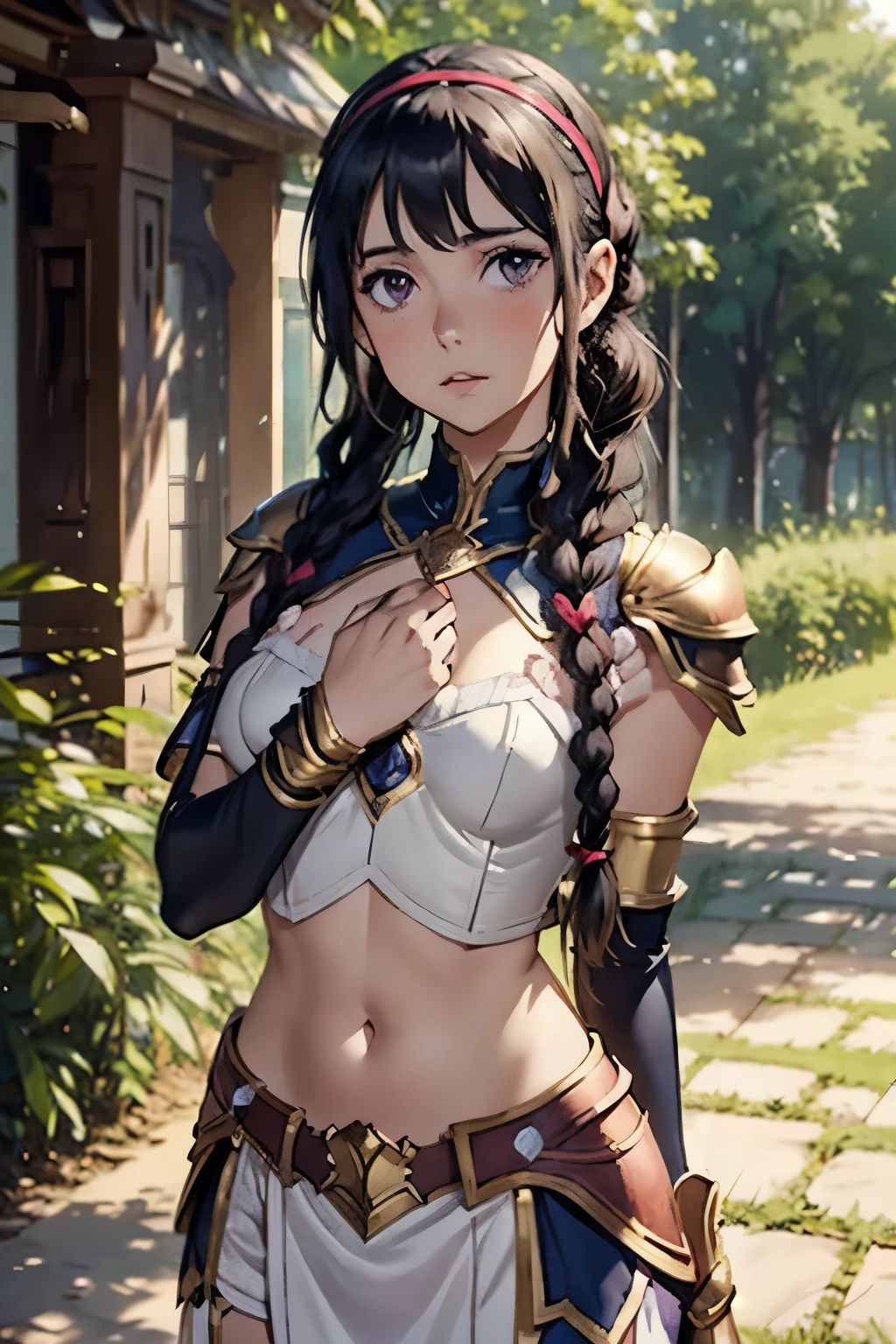 lapis fe, 1girl, solo, looking at viewer, blush, bangs, gloves, upper body, braid, hairband, outdoors, parted lips, sky, day, hand up, pink eyes, armor, tree, covered navel, blurry background, hand on own chest, shoulder armor, side braid, breastplate, red armor