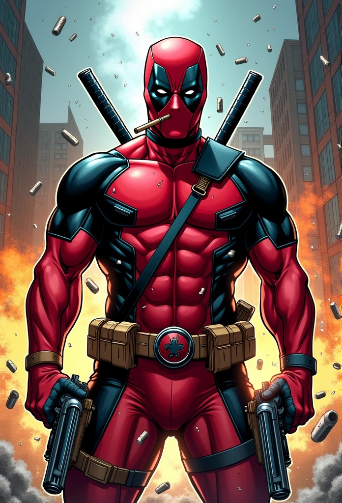 deadpool,marvel,action,character,anti-hero,superhero,masked,vigilante,mercenary,martial arts,fourth wall breaking,vulgar humor,breaking the fourth wall,red&black suit,detailed chest emblem,swords,guns,katanas,comic book style,highly detailed illustration,dynamic poses,bullet holes,explosions,cityscape background,vibrant colors,shadows and highlights,defiant expression,cigar-smoking,cool attitude,scars,mask covering face,deadly combat,badass attitude