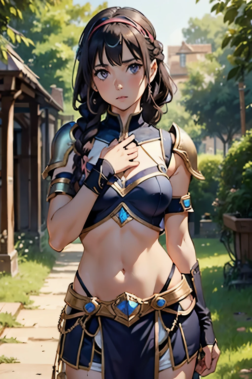 lapis fe, 1girl, solo, looking at viewer, blush, bangs, gloves, upper body, braid, hairband, outdoors, parted lips, sky, day, hand up, pink eyes, armor, tree, covered navel, blurry background, hand on own chest, shoulder armor, side braid, breastplate, red armor