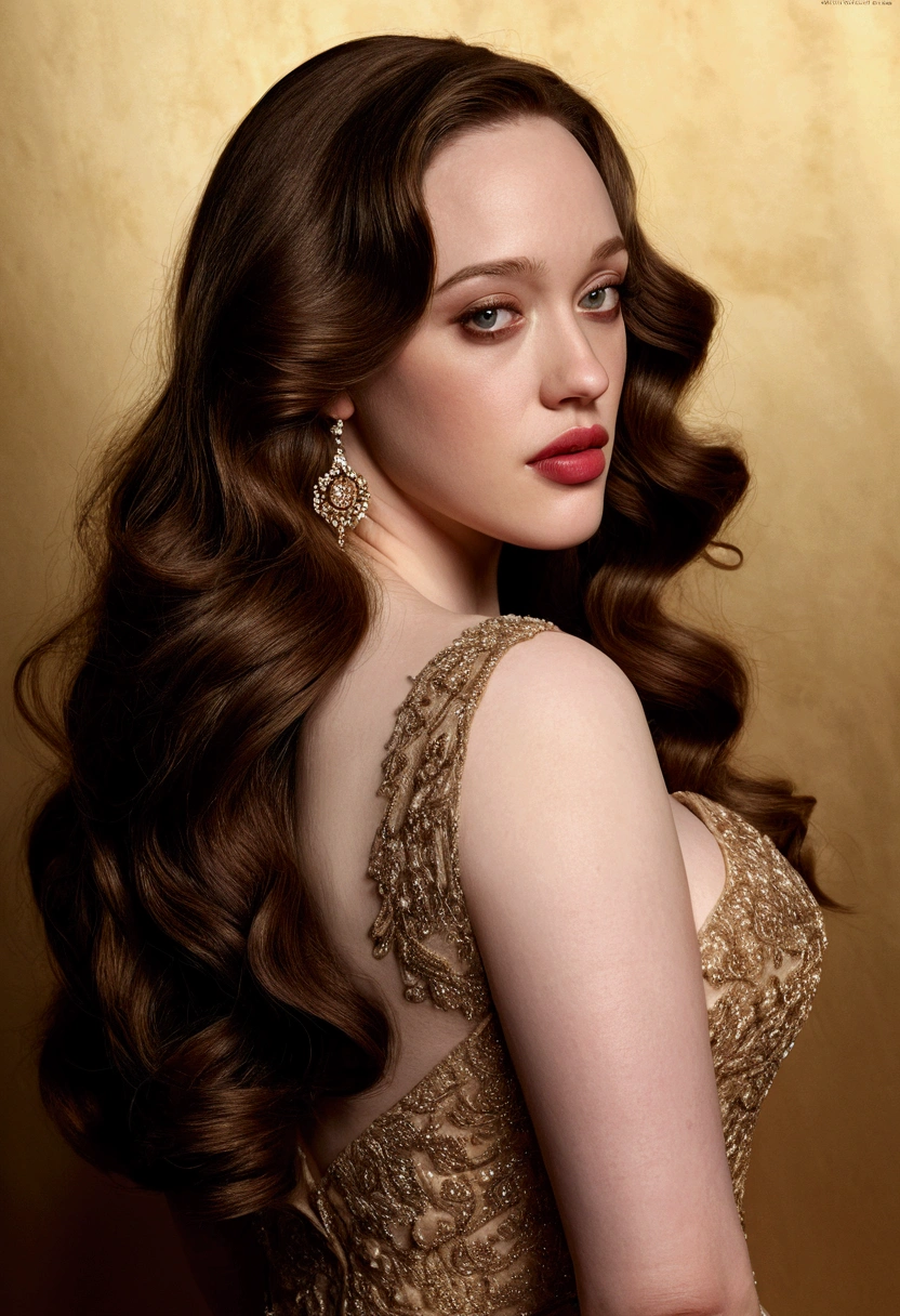 a beautiful detailed woman, Kat Dennings, nude from behind, elegant pose, long wavy brown hair, detailed facial features, beautiful eyes, detailed skin, perfect body, photorealistic, highly detailed, 8k, ultra-realistic, dramatic lighting, cinematic, dramatic shadows, warm color tones, natural skin tones, elegant, sensual, alluring, masterpiece