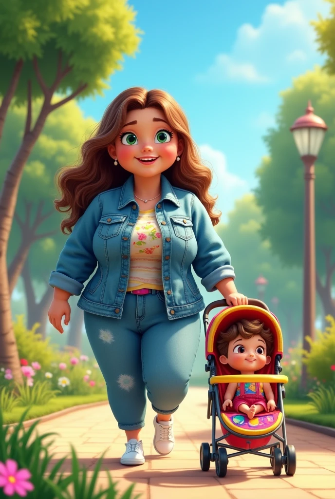 Disney 5D a woman is chubby and pushing a baby stroller
The woman has brown, thick, long hair and green eyes
She is wearing a denim jacket, denim pants
and white shoes.