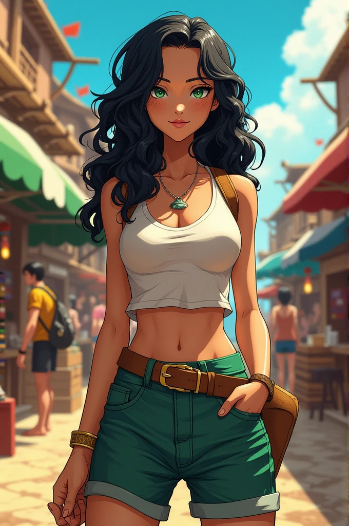 Panel one piece,women,Pale skin,green eyes,curly hair, black hair