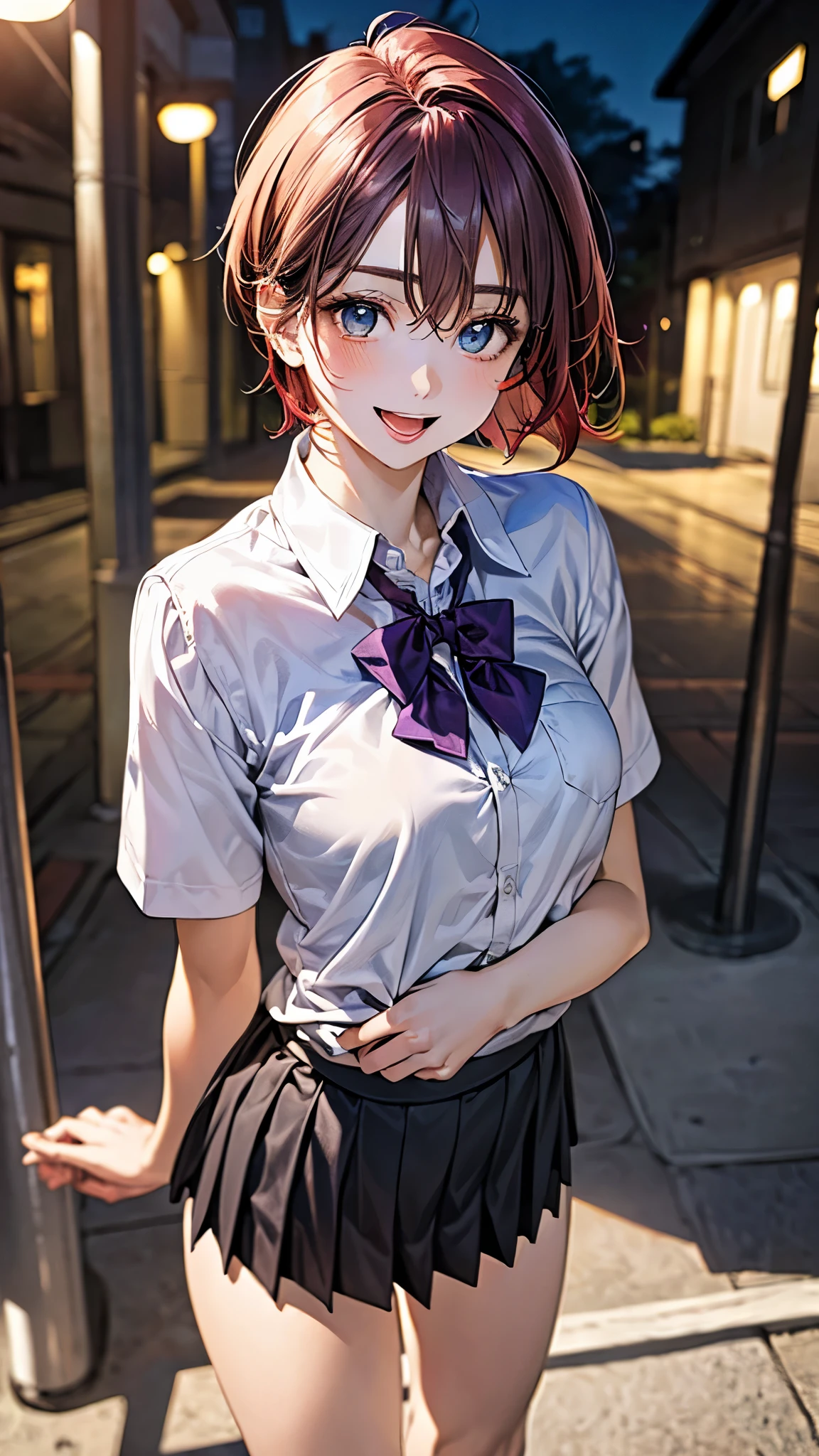 (masterpiece:1.2, highest quality), (realistic photo:1.4), beautiful illustrations, (natural side lighting, movie lighting), 
beautiful hair, beautiful face, detailed and beautiful eyes, beautiful clavicle, beautiful body, beautiful breasts, beautiful thighs, beautiful feet, beautiful fingers, 
looking at the viewer, 1 girl, high school girl, (perfect anatomy, anatomically correct, super detailed skin), cute symmetrical face, baby face, perfect face, perfect eyes, slender, 
(short hair, pixie cut hairstyle, red hair), hair between eyes, emerald green eyes, big eyes, slant eyes, long eye lasher, (medium breasts, seductive thighs), perfect body, shiny skin, 
(detailed cloth texture, break (short sleeve grey collared shirt), break (dark purple pleated skirt, dark purple bow tie), break 
(beautiful scenery), night, (school yard;1.2), standing, break (own hands together), break (happy smile, open mouth, feeling of satisfaction), 