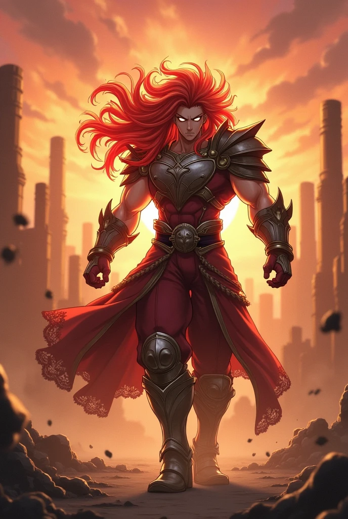 Anime character in a fighting location, he must have light eyes and red hair, wearing armor and being muscular