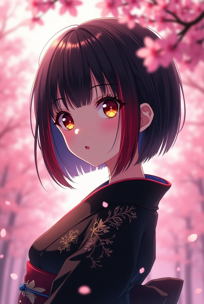Black haired teenage girl, short, with bangs and a red streak, one yellow eye and one red, all black kimono and anime style