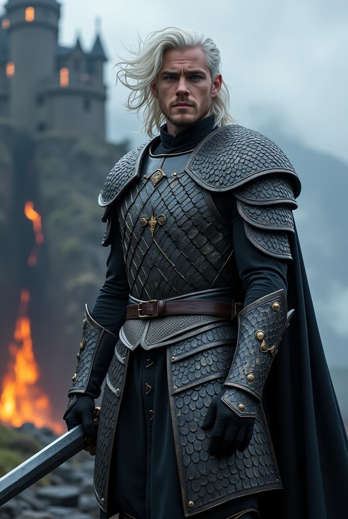 Using a picture of actor Chris Evans as a young man around 17, create a character from the Targaryen series with white hair, purple eyes, muscular, wearing armor and a sword. In the picture, he should look very young, 19, with a beard. P.S. he should resemble Chris Evans.