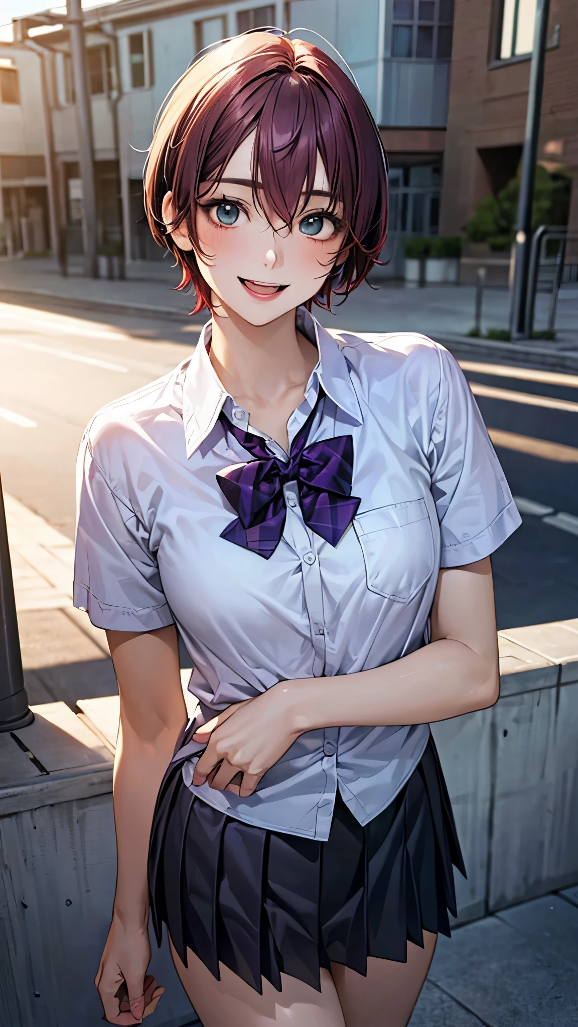 (masterpiece:1.2, highest quality), (realistic photo:1.4), beautiful illustrations, (natural side lighting, movie lighting),
beautiful hair, beautiful face, detailed and beautiful eyes, beautiful clavicle, beautiful body, beautiful breasts, beautiful thighs, beautiful feet, beautiful fingers,
looking at the viewer, 1 girl, high school girl, (perfect anatomy, anatomically correct, super detailed skin), cute symmetrical face, baby face, perfect face, perfect eyes, slender,
(short hair, pixie cut hairstyle, red hair), hair between eyes, emerald green eyes, big eyes, slant eyes, long eye lasher, (medium breasts, seductive thighs), perfect body, shiny skin,
(detailed cloth texture, break (short sleeve grey collared shirt), break (dark purple pleated skirt, dark purple bow tie), break
(beautiful scenery), night, (school yard;1.2), standing, break (own hands together), break (happy smile, open mouth, feeling of satisfaction),