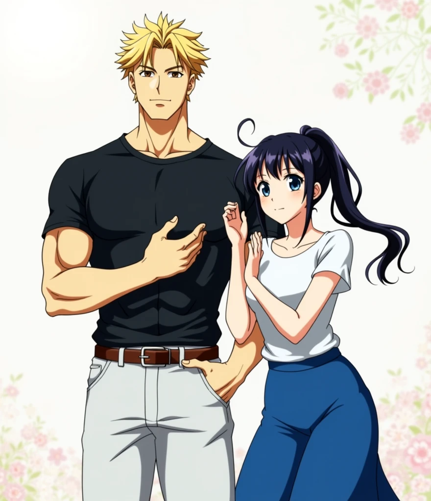  A mature handsome blonde guy with brown eyes, Beautiful inflated body, and a beautiful mature girl with long black hair pulled back in a ponytail and blue eyes,masterpiece, realistically, anime art, detailed, Best quality