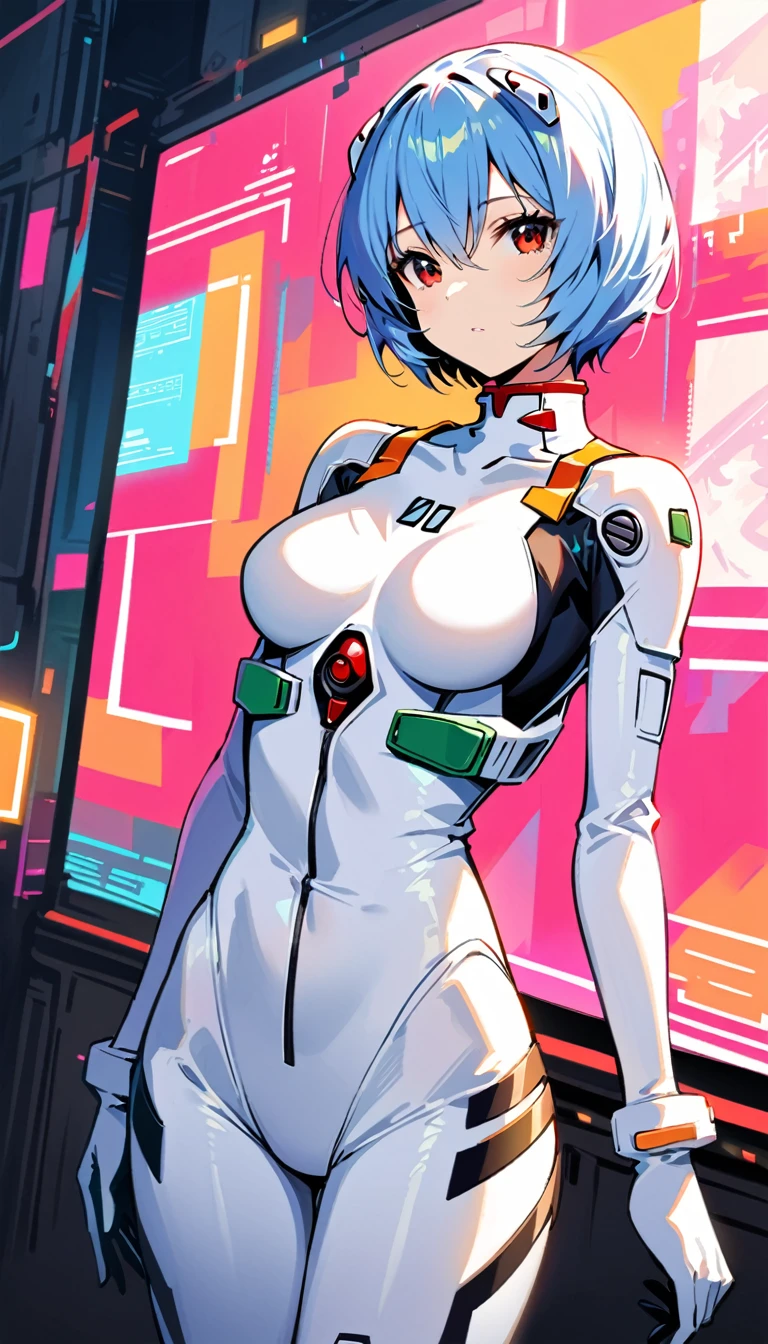 (best quality:1.2),1girl,solo,Ayanami Rei,white bodysuit,red eyes,pilot suit,short hair,blue hair,bangs,interface headset,turtleneck,hair between eyes,pixelated background,neon lights,sci-fi color scheme,vivid colors,metallic texture,detailed shading,holographic interface,dark atmosphere,high contrast,sharp focus,wisps of hair,reflective surface,exquisite details,high-res,studio lighting,red accents,illuminated surroundings,artificial intelligence assistant,
