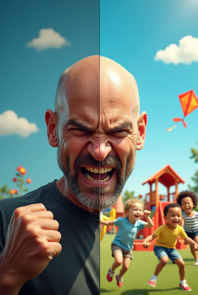 Make a picture of a bald person who is angry half a picture and children 