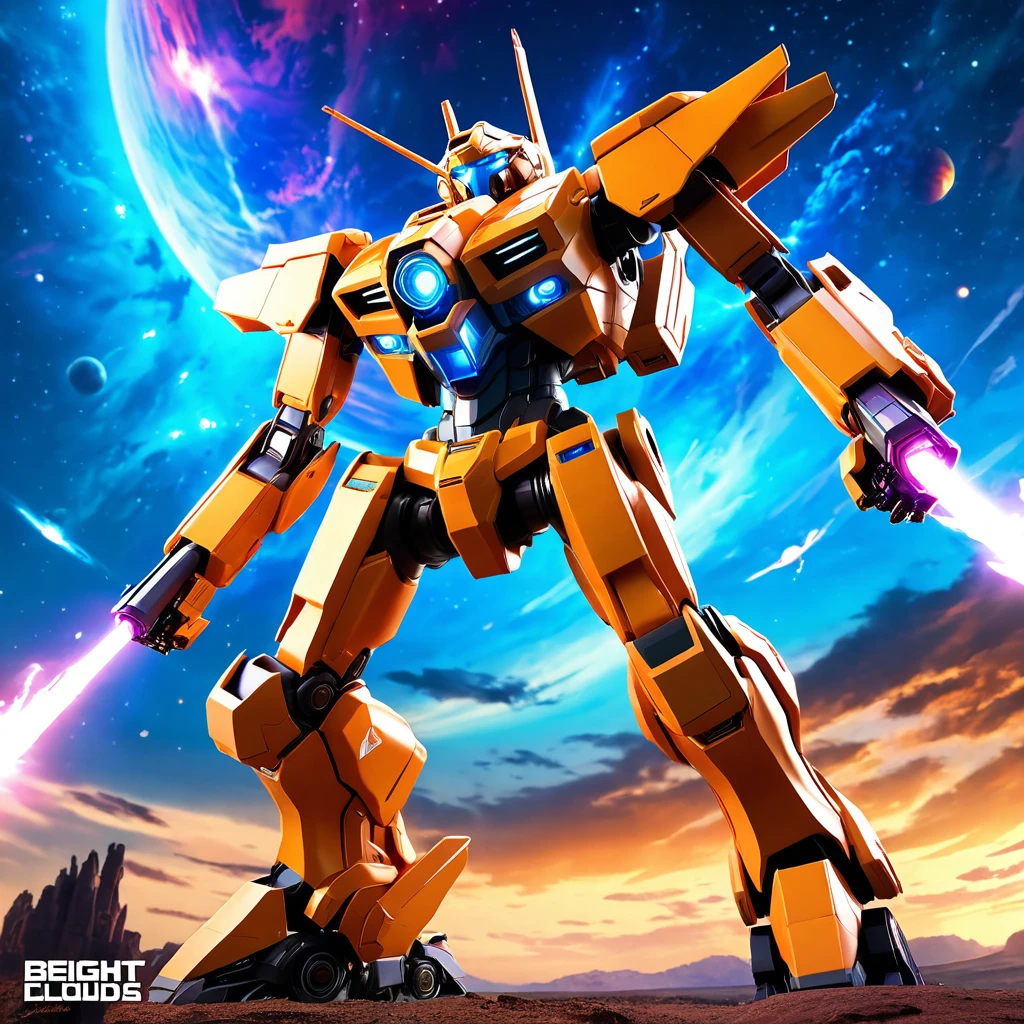 (The fighter mech is huge, realistic, realistic, fully displayed on the front side and back, rich in specific details, very three-dimensional: 1.2, can travel to and from the universe, design style, color matching is outstanding, cab details are perfectly displayed, the background is cosmic galaxy), colorful, colorful sky with a bright orange and blue nebula, twisted clouds, magic, (best quality,4k,8k,highres,masterpiece:1.2), ultra-detailed, studio lighting, ultra-fine painting, sharp focus, physically-based rendering, extreme detail description, professional, vivid colors, fantasy, Anime style, ImgFixerPre0.3