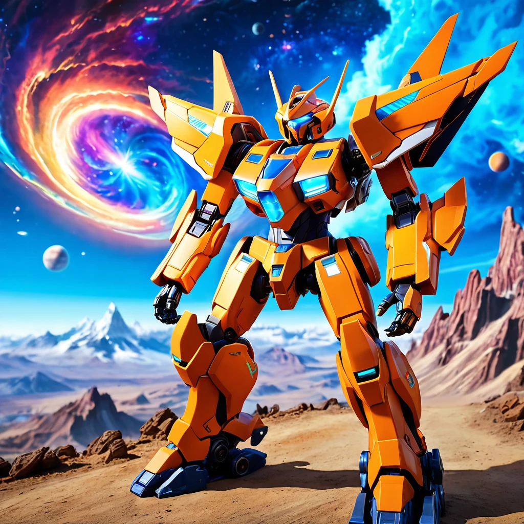 (The fighter mech is huge, realistic, realistic, fully displayed on the front side and back, rich in specific details, very three-dimensional: 1.2, can travel to and from the universe, design style, color matching is outstanding, cab details are perfectly displayed, the background is cosmic galaxy), colorful, colorful sky with a bright orange and blue nebula, twisted clouds, magic, (best quality,4k,8k,highres,masterpiece:1.2), ultra-detailed, studio lighting, ultra-fine painting, sharp focus, physically-based rendering, extreme detail description, professional, vivid colors, fantasy, Anime style, ImgFixerPre0.3