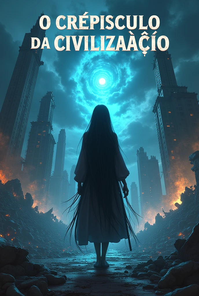 A book cover for 'O Crepúsculo da Civilização'. The cover features Valentina, a young mage, seen entirely from behind with long, black hair. Her face and skin tone are hidden, showing only her back. She is standing in a devastated, post-apocalyptic cityscape, with ruined buildings and a dark, ominous sky. The background combines elements of futuristic technology and ancient magic, with glowing runes and broken machinery scattered around. Valentina is holding a staff or magical artifact, with a faint aura of power surrounding her. The overall mood is intense, dark, and mysterious, hinting at the epic struggle and the clash of magic and technology. The title 'O Crepúsculo da Civilização' is prominently displayed at the top or center, with a strong, bold font that reflects the gravity of the story.