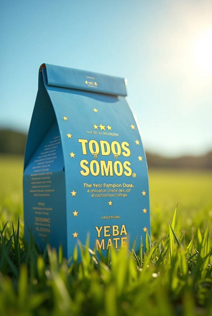 Create an image of a cardboard yerba mate packaging called "we are all" literally in Spanish, sky blue, white and gold, that is related to Argentina, world champion, and contains 3 stars 