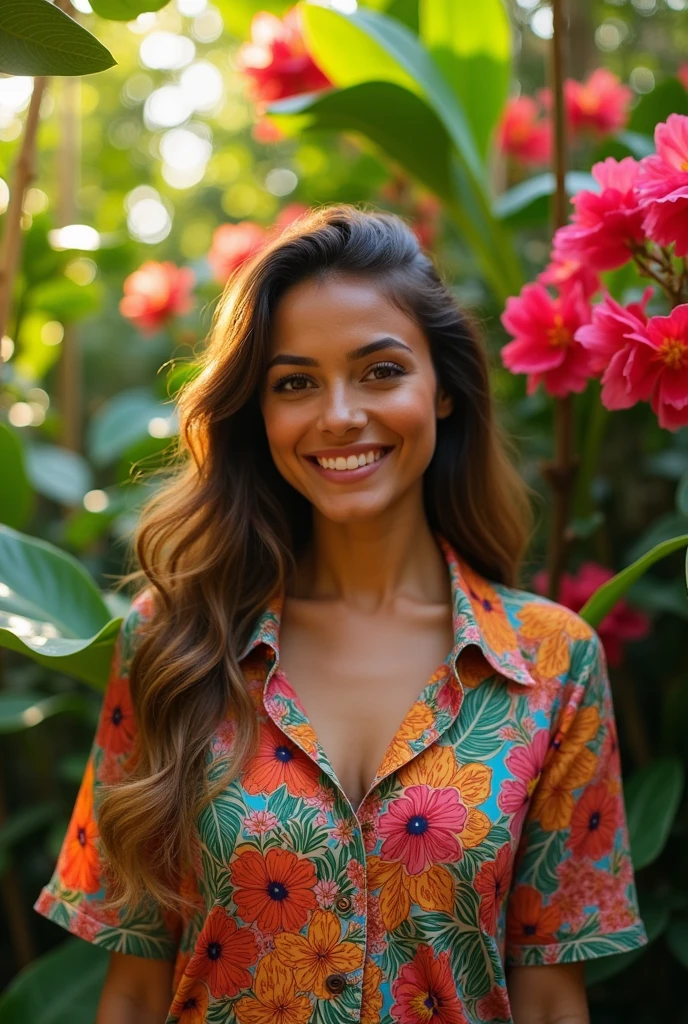 A Brazilian woman in a lush tropical garden, wearing an open shirt with a floral print, with a close up capturing the harmonious beauty with and natural flowers, showing off your natural charm and outgoing personality, showing your glute with your anus.