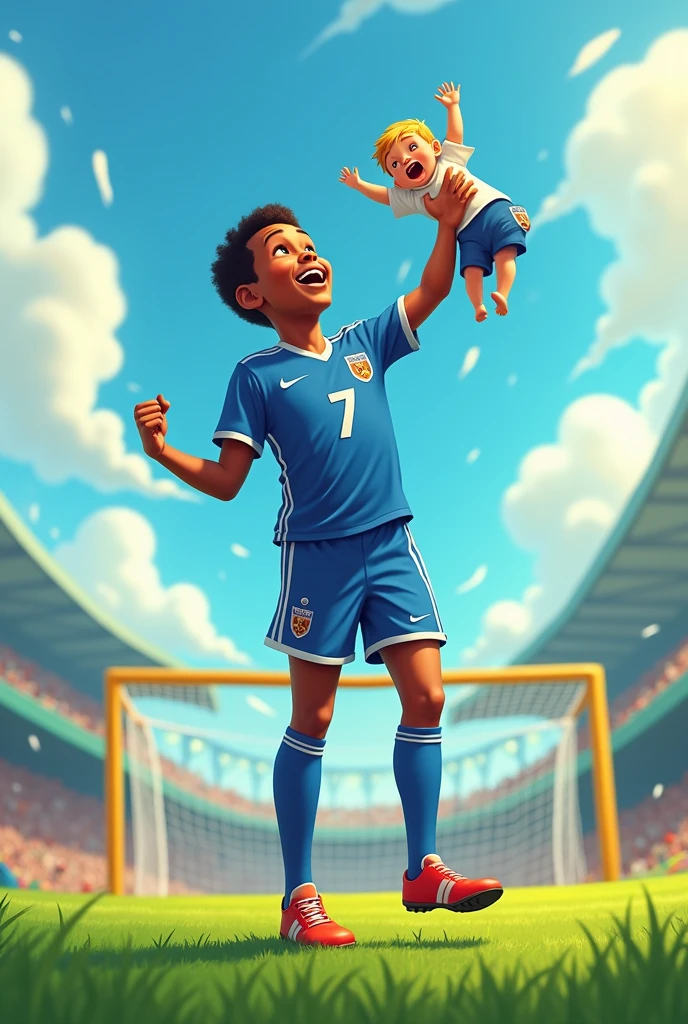 A tall, dark-skinned  with short hair and a Griezmann shirt., He's very happy because he won a cup, so he decides to throw anothvery small blonde child oncartoon version of a soccer field.

