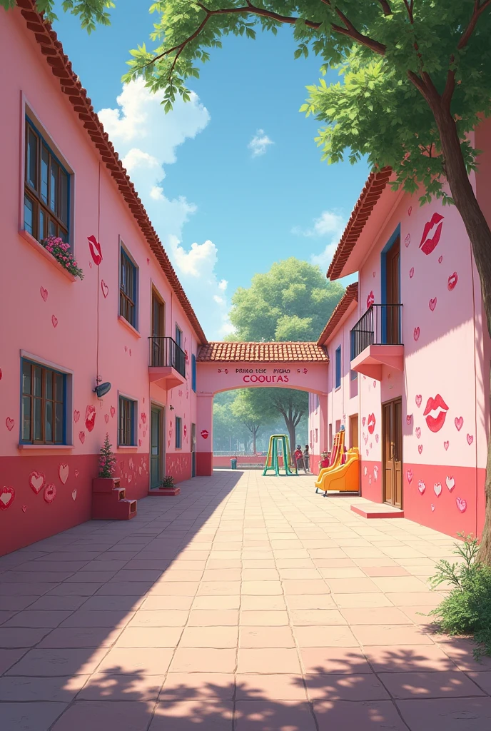 (photorealism:1.2), Empty pink girls' school yard, the sign "Colegio Coquetas" and the signs of many kisses 💋 on the walls, realistic, intricate details