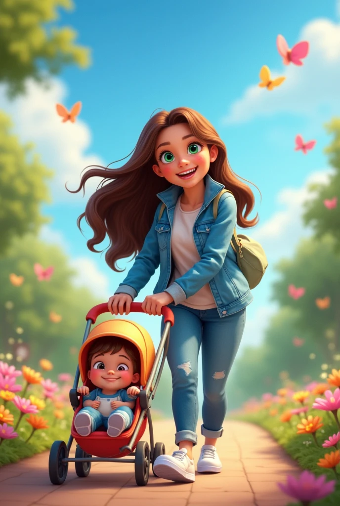 Disney 5D a woman is chubby and pushing a stroller
The woman has brown, thick, long hair and green eyes
She is wearing a denim jacket, denim pants
and white shoes.