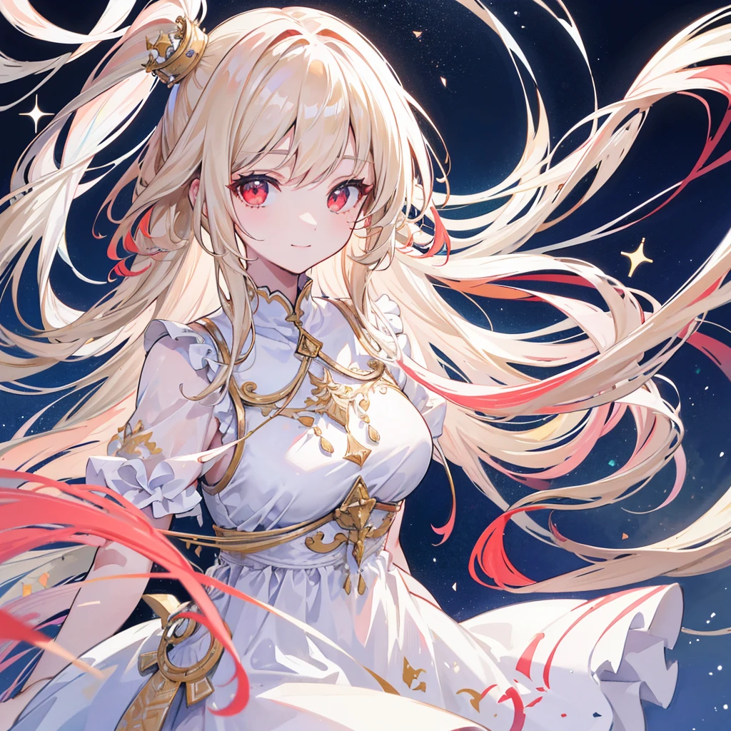 High resolution, One person, solo, Long Hair, Red eyes,Beige hair,
Highest quality, masterpiece, High-resolution model, Long Hair, Shiny Hair, Sparkling eyes, Lonely, smile, disposal、watercolor、Light color scheme、White dress、sit,Simple Background, Close-up, Part of the picture goes outside the frame, Lots of white space, watercolor画