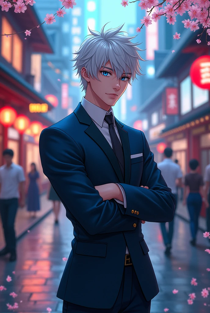 Gojo Satoru from jjk. White hair, blue eyes, handsome, in his 20s, slim and muscular, albino
