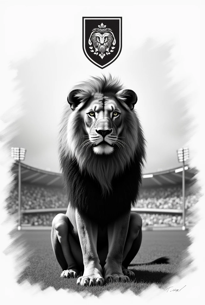 A lion centered looking at the middle in a pose, and in black and white and in the upper center the shield of the Brazilian football team Sport Club do Recife and in a very light background a photo of the island of retreat its stadium