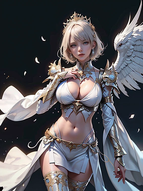 (( (masterpiece),(Highly detailed CG Unity 8k wallpaper),(Bust Shot:1.5), Highest quality,Cinema Lighting,Photorealistic, Detailed Background,Beautiful and fine details,Bright Eyes,(Very elegant and beautiful),(Beautifully detailed eye depiction),Super detailed,masterpiece,High resolution)), ((Wearing a super sexy bikini armor:1.4)), Rose gold armor, Richly decorated armor, Beautiful Female Warrior, short hair, Platinum Blonde Hair, Cleavage