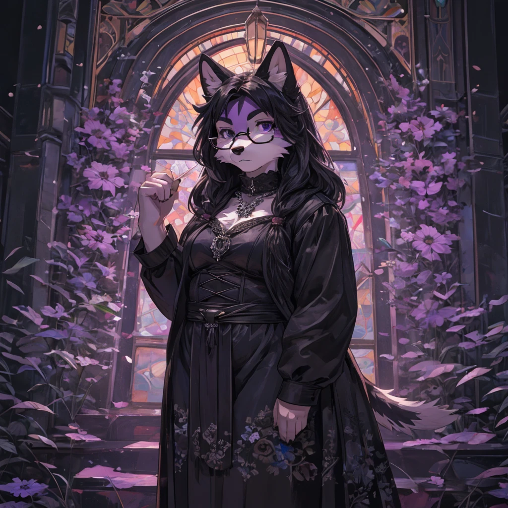 Masterpiece, High quality, High quality of art, best quality, best details, ultra quality, anime artstyle, 2d lineart, furry, girl, solo, short, black and purple fur, Black fur on the chest and belly, Gothic clothes, big thighs, Tattoo on the chest, glasses, black gothic clothes, disgruntled look, black face fur, Curvaceous figure, a bit chubby, Librarian, purple fur, paws, a bit fat ass