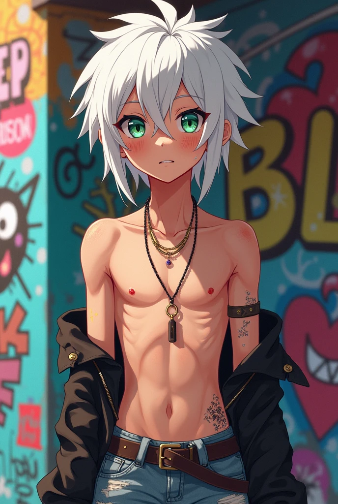 **I'm a skinny 16-year-old gay anime boy,with provocative clothing, sexy and revealing, with freckles and strangely white hair, heterochromia and a very innocent attitude*