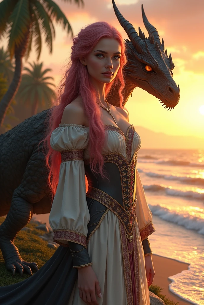 (photorealism:1.2), beautiful woman, Island, golden hour, pink long hair, Gray eyes, in medieval dress, full body, with a dragon