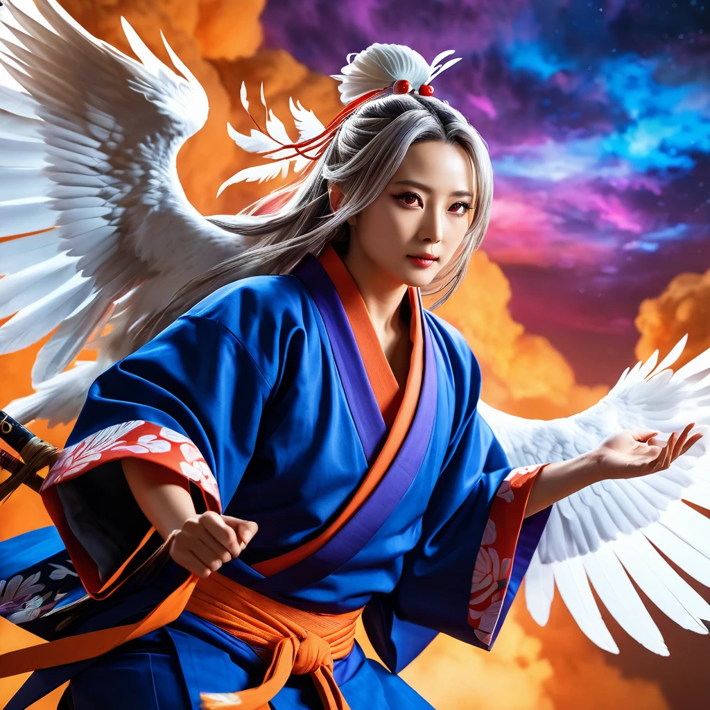 A man, tengu, onmyoji, bird's beak, shaggy gray hair, white feathers, long wings, purple pupils, wearing a kimono, Japanese style, simple background, (best quality,4k,8k,highres,masterpiece:1.2),ultra-detailed,(realistic,photorealistic,photo-realistic:1.37),intricate details,dramatic lighting,vibrant colors,digital painting, colorful, colorful sky with a bright orange and blue nebula, twisted clouds, magic, (best quality,4k,8k,highres,masterpiece:1.2), ultra-detailed, studio lighting, ultra-fine painting, sharp focus, physically-based rendering, extreme detail description, professional, vivid colors, fantasy, Anime style, ImgFixerPre0.3