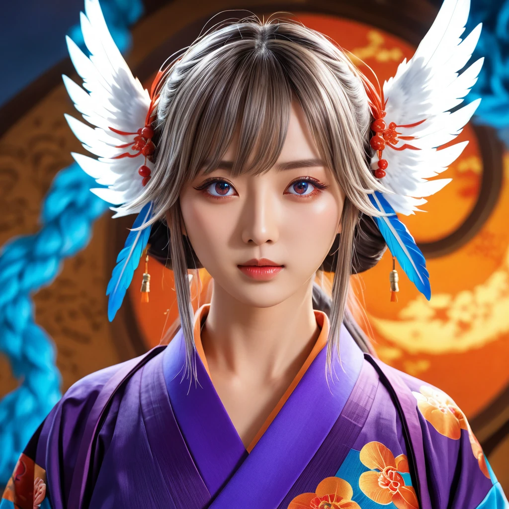 A man, tengu, onmyoji, bird's beak, shaggy gray hair, white feathers, long wings, purple pupils, wearing a kimono, Japanese style, simple background, (best quality,4k,8k,highres,masterpiece:1.2),ultra-detailed,(realistic,photorealistic,photo-realistic:1.37),intricate details,dramatic lighting,vibrant colors,digital painting, colorful, colorful sky with a bright orange and blue nebula, twisted clouds, magic, (best quality,4k,8k,highres,masterpiece:1.2), ultra-detailed, studio lighting, ultra-fine painting, sharp focus, physically-based rendering, extreme detail description, professional, vivid colors, fantasy, Anime style, ImgFixerPre0.3