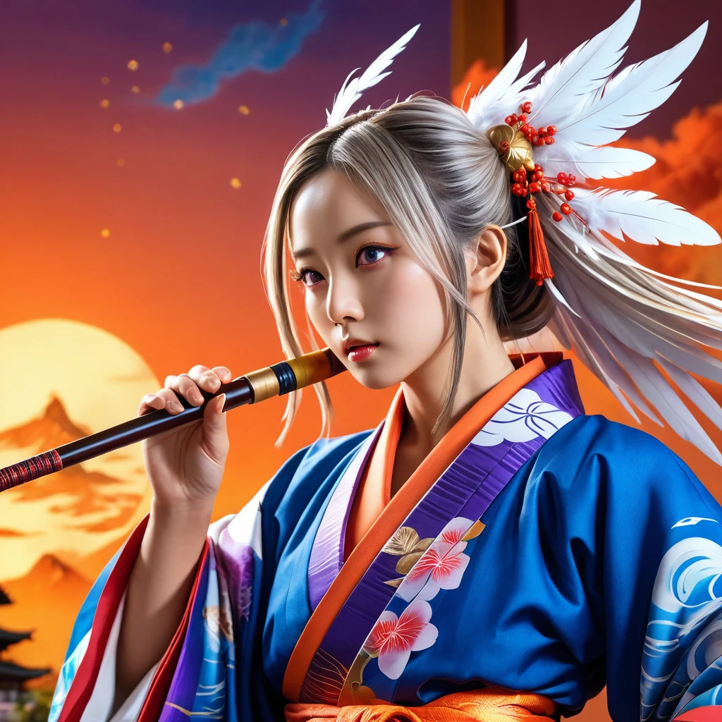 A man, tengu, onmyoji, bird's beak, shaggy gray hair, white feathers, long wings, purple pupils, wearing a kimono, Japanese style, simple background, (best quality,4k,8k,highres,masterpiece:1.2),ultra-detailed,(realistic,photorealistic,photo-realistic:1.37),intricate details,dramatic lighting,vibrant colors,digital painting, colorful, colorful sky with a bright orange and blue nebula, twisted clouds, magic, (best quality,4k,8k,highres,masterpiece:1.2), ultra-detailed, studio lighting, ultra-fine painting, sharp focus, physically-based rendering, extreme detail description, professional, vivid colors, fantasy, Anime style, ImgFixerPre0.3