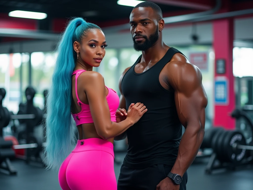 beautiful biracial latina woman, long ponytail light blue hair, light blue eye with large breasts pink sportwear large round butt look back with a handsome african man in a black short strong and muscle in a gym center, full body detailled