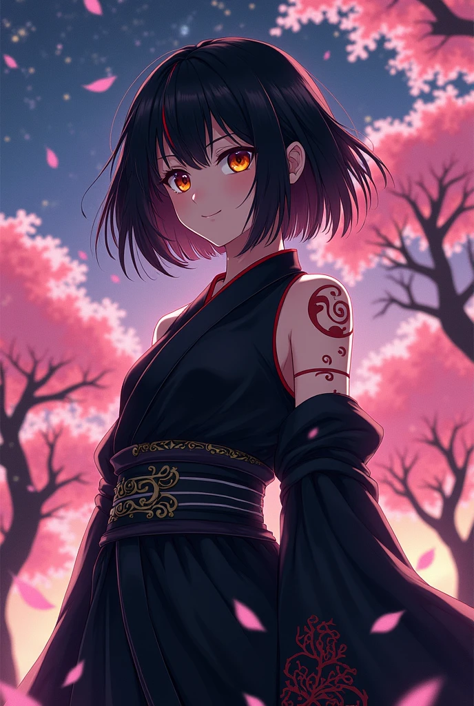 Black haired teenage girl, short, with bangs and a red streak, one yellow eye and one red, all black kimono and anime style, with wounds 