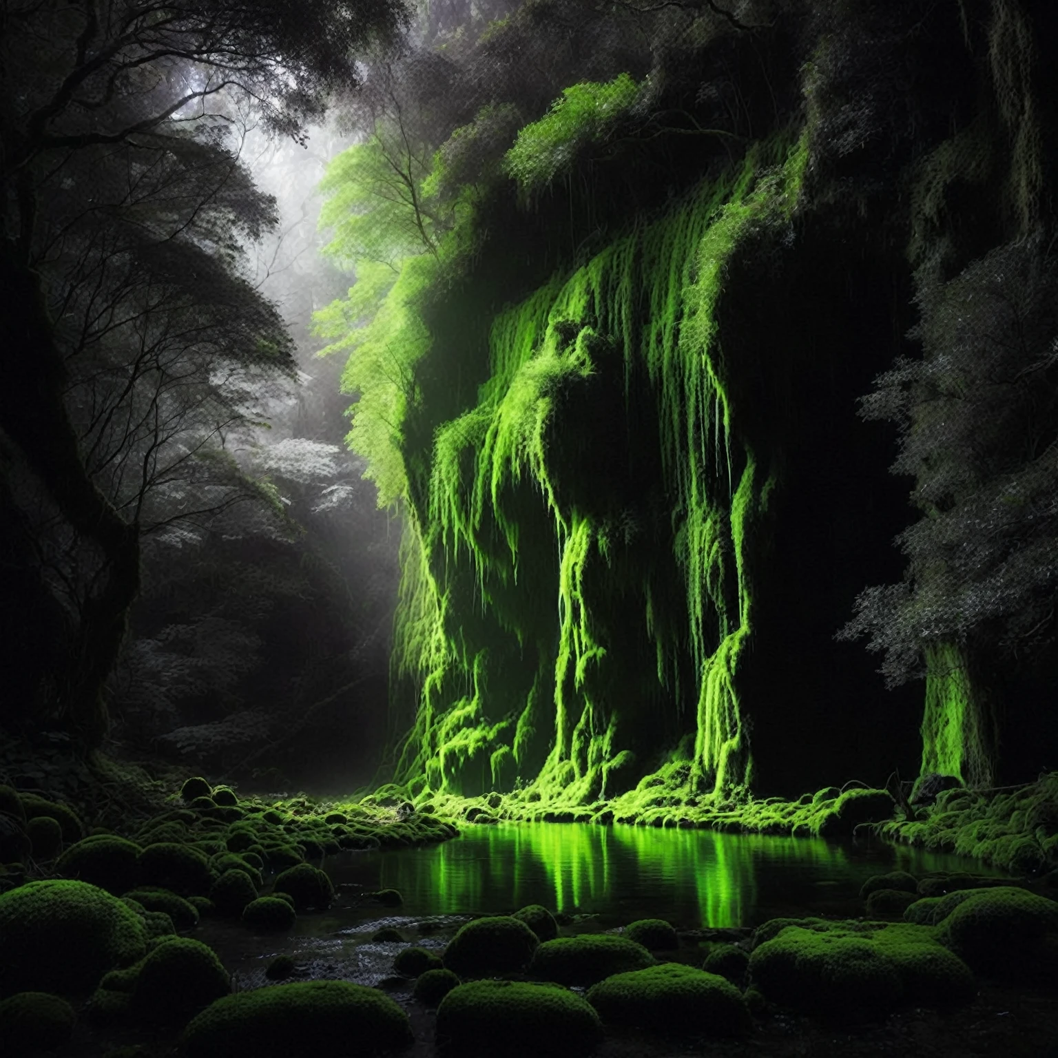 a close up of a waterfall with moss growing on it, beautiful green liquid, alien waterfall, lush alien landscape, glowing moss, glossy green, Beautiful and mysterious, dark fantasy forest, great fantasy humor, floresta de fantasia, mystical forest lagoon, Mystical scene, amazing and temperamental, dark nature background, surreal forest, fantasy magical vegetation, strange alien forest, breathtaking alien landscape, spectral beings wandering