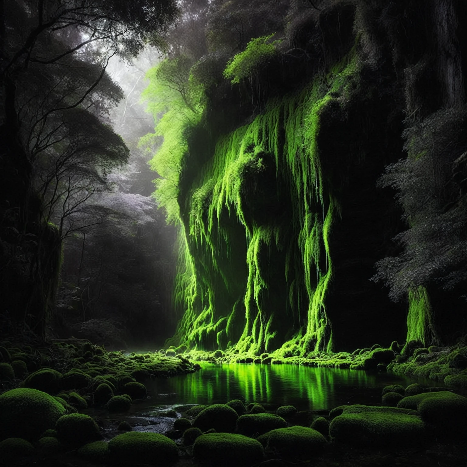a close up of a waterfall with moss growing on it, beautiful green liquid, alien waterfall, lush alien landscape, glowing moss, glossy green, Beautiful and mysterious, dark fantasy forest, great fantasy humor, floresta de fantasia, mystical forest lagoon, Mystical scene, amazing and temperamental, dark nature background, surreal forest, fantasy magical vegetation, strange alien forest, breathtaking alien landscape, spectral beings wandering