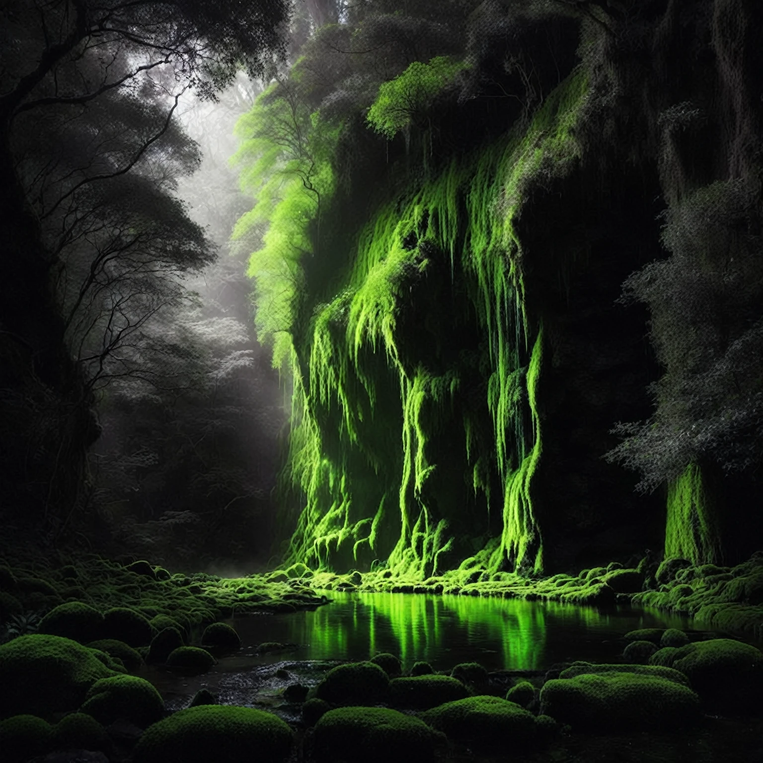 a close up of a waterfall with moss growing on it, beautiful green liquid, alien waterfall, lush alien landscape, glowing moss, glossy green, Beautiful and mysterious, dark fantasy forest, great fantasy humor, floresta de fantasia, mystical forest lagoon, Mystical scene, amazing and temperamental, dark nature background, surreal forest, fantasy magical vegetation, strange alien forest, breathtaking alien landscape, spectral beings wandering