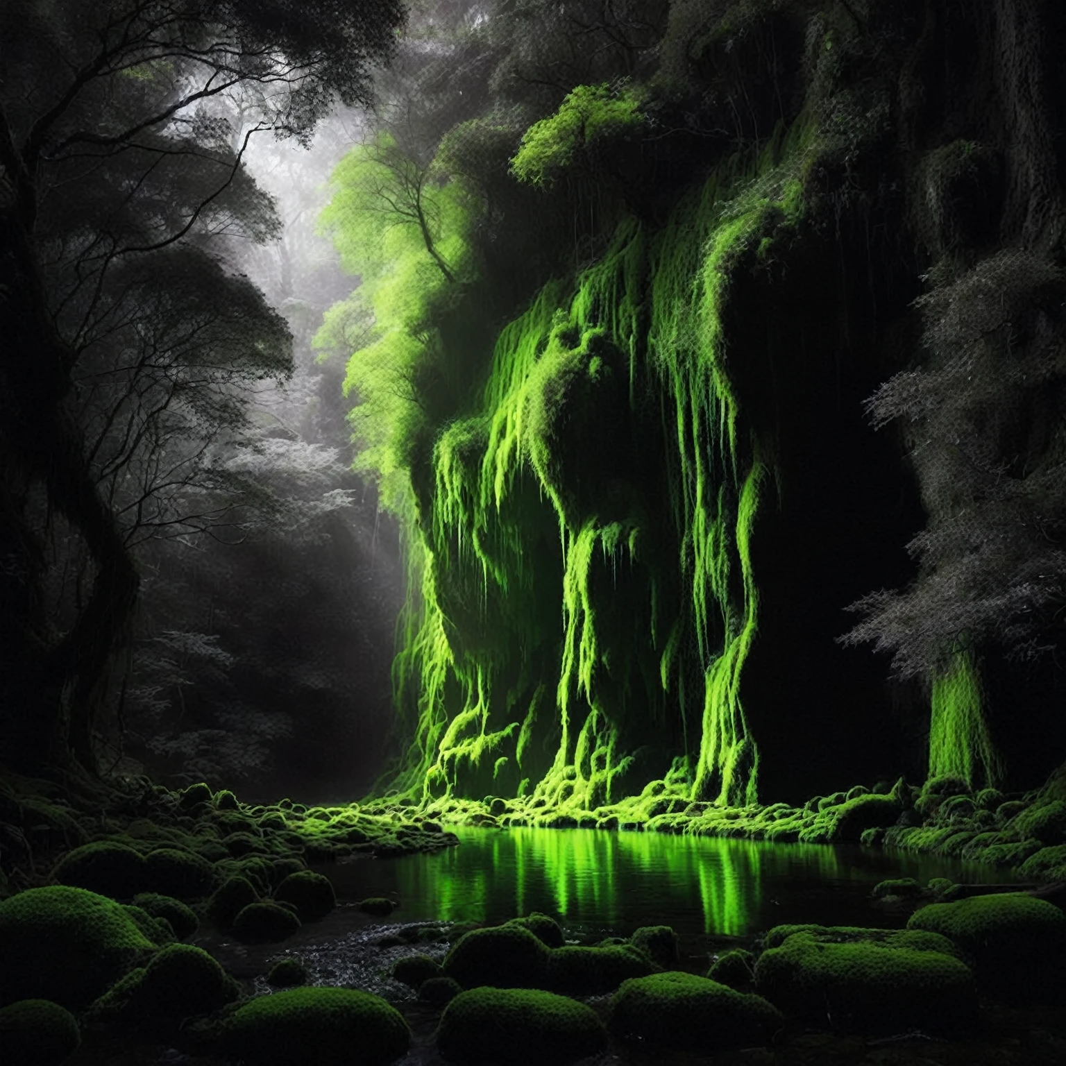 a close up of a waterfall with moss growing on it, beautiful green liquid, alien waterfall, lush alien landscape, glowing moss, glossy green, Beautiful and mysterious, dark fantasy forest, great fantasy humor, floresta de fantasia, mystical forest lagoon, Mystical scene, amazing and temperamental, dark nature background, surreal forest, fantasy magical vegetation, strange alien forest, breathtaking alien landscape, spectral beings wandering