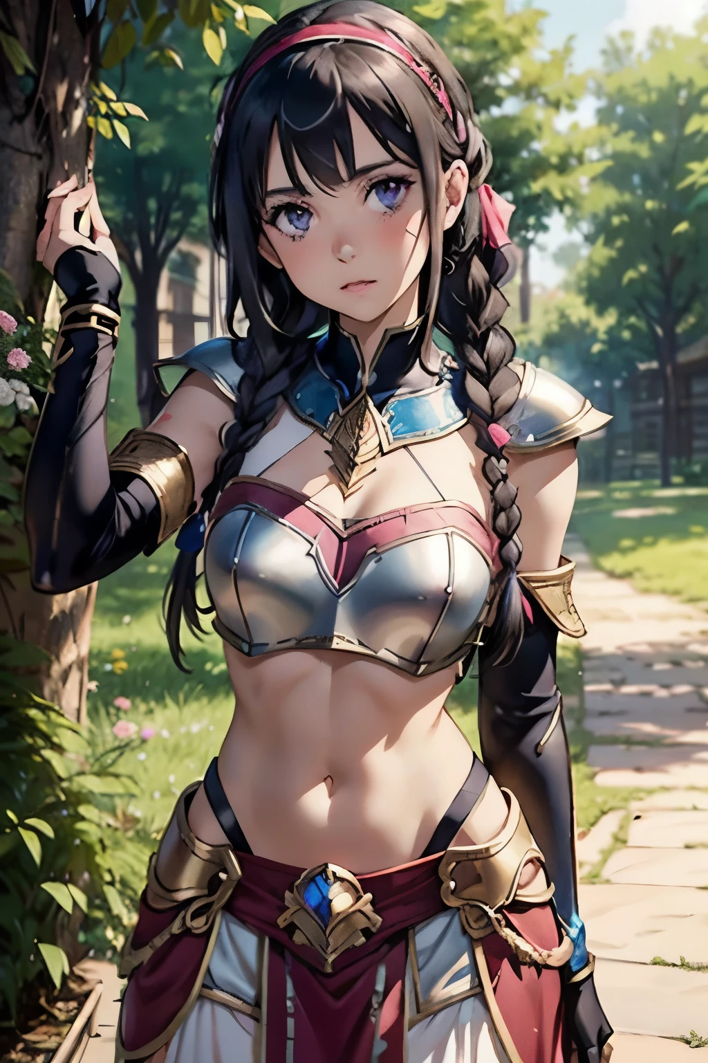 lapis fe, 1girl, solo, looking at viewer, blush, bangs, gloves, upper body, braid, hairband, outdoors, parted lips, sky, day, hand up, pink eyes, armor, tree, covered navel, blurry background, hand on own chest, shoulder armor, side braid, breastplate, red armor