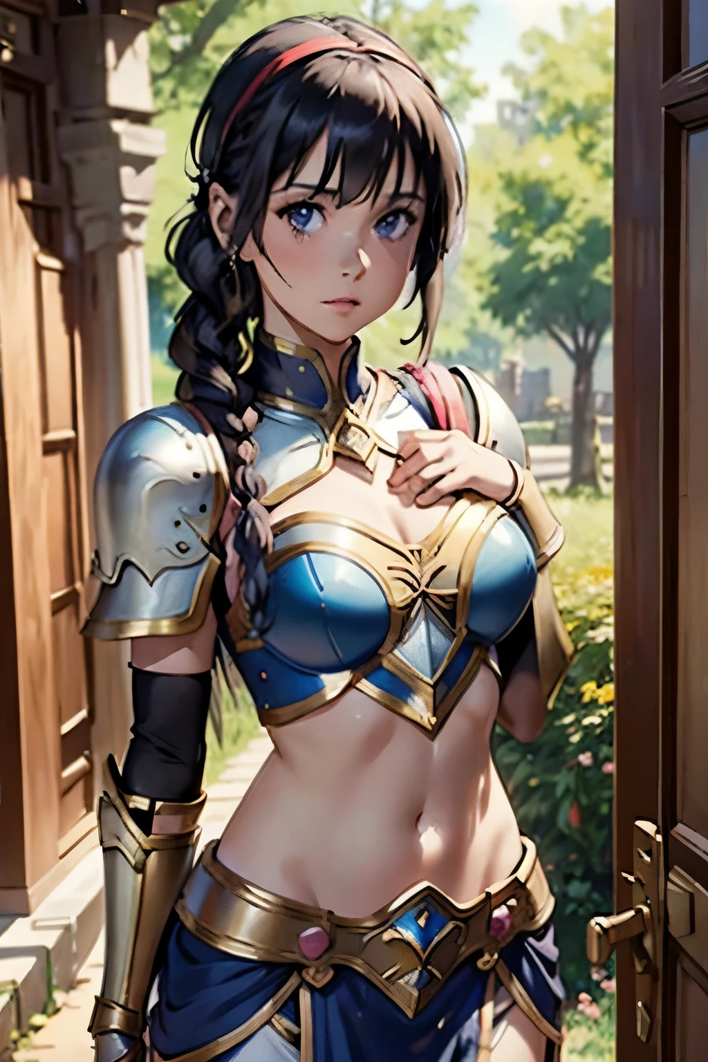 lapis fe, 1girl, solo, looking at viewer, blush, bangs, gloves, upper body, braid, hairband, outdoors, parted lips, sky, day, hand up, pink eyes, armor, tree, covered navel, blurry background, hand on own chest, shoulder armor, side braid, breastplate, red armor