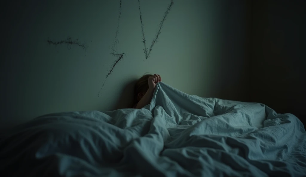 "A child's hand gripping a bed sheet, with faint scratch marks visible on the wall behind, as if something unseen left a chilling message."