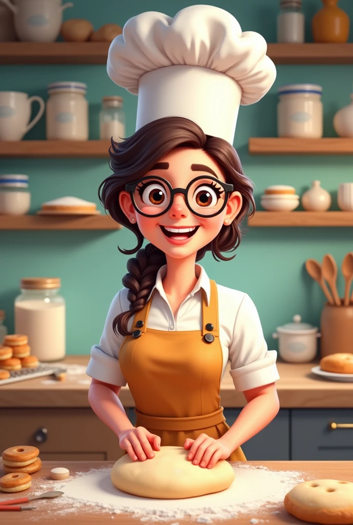 Create a cartoon woman baker with glasses, dark eyes, blonde hair and a chef's hat 