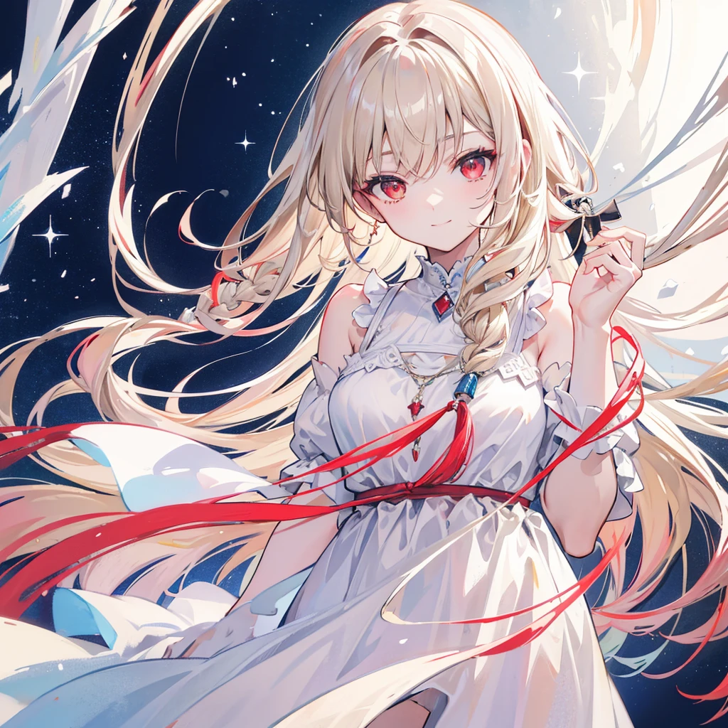 High resolution, One person, solo, Long Hair, Red eyes,Beige hair,
Highest quality, masterpiece, High-resolution model, Long Hair, Shiny Hair, Sparkling eyes, Lonely, smile, disposal、watercolor、Light color scheme、White dress、sit,Simple Background, Close-up, Part of the picture goes outside the frame, Lots of white space, watercolor画