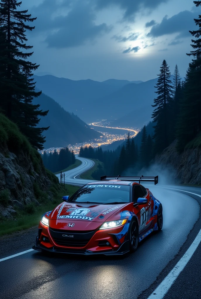 Depicting the driving experience of a tuned Honda CR-Z, accompanied by the scenery of Japanese mountain passes at night.