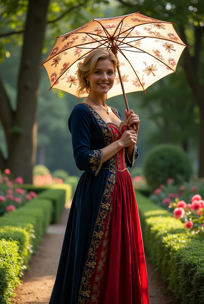 A middle-aged woman, full-length, rich in detail, wearing a long dark blue and red dress with gold accents, in a castle garden, smiling and holding an open umbrella.